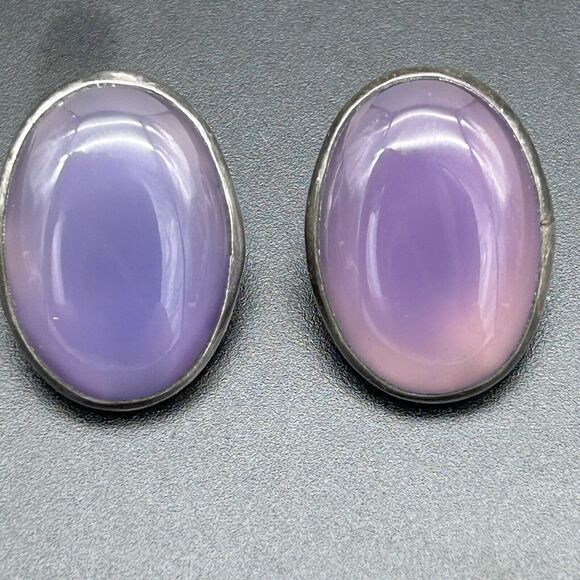 Phosphosiderite Or Amethyst Earrings Sterling Silver Signed Oval Stud Vintage - Picture 1 of 13